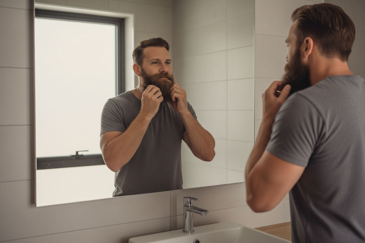 handsome man at a sink rubbing his fingers through his beard