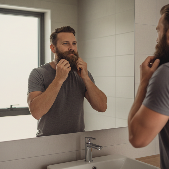 handsome man at a sink rubbing his fingers through his beard