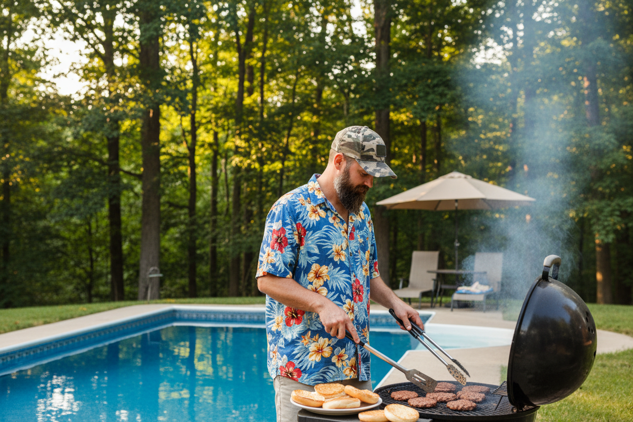 man in a Hawaiian shirt grilling beside a pool in his backyard