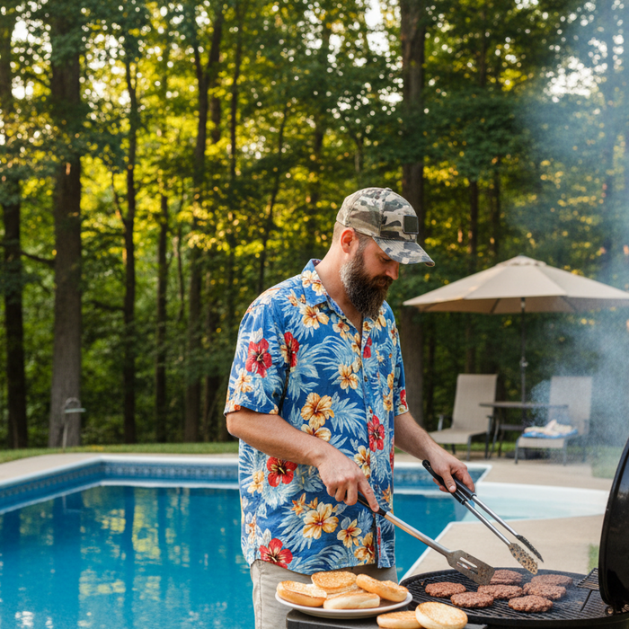 man in a Hawaiian shirt grilling beside a pool in his backyard