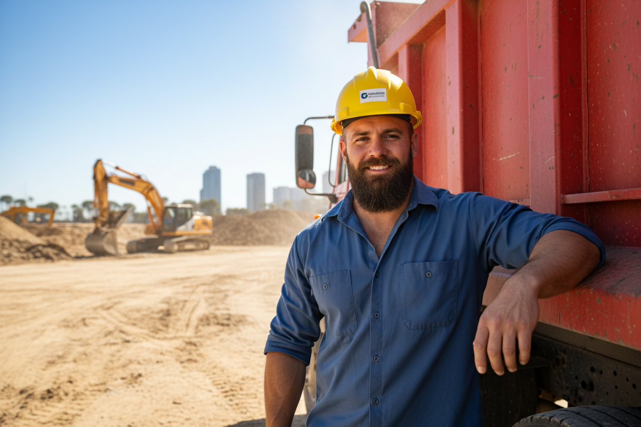 bearded man in a hardhat on a dusty construction site
