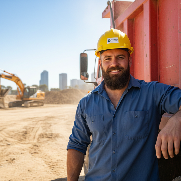 bearded man in a hardhat on a dusty construction site