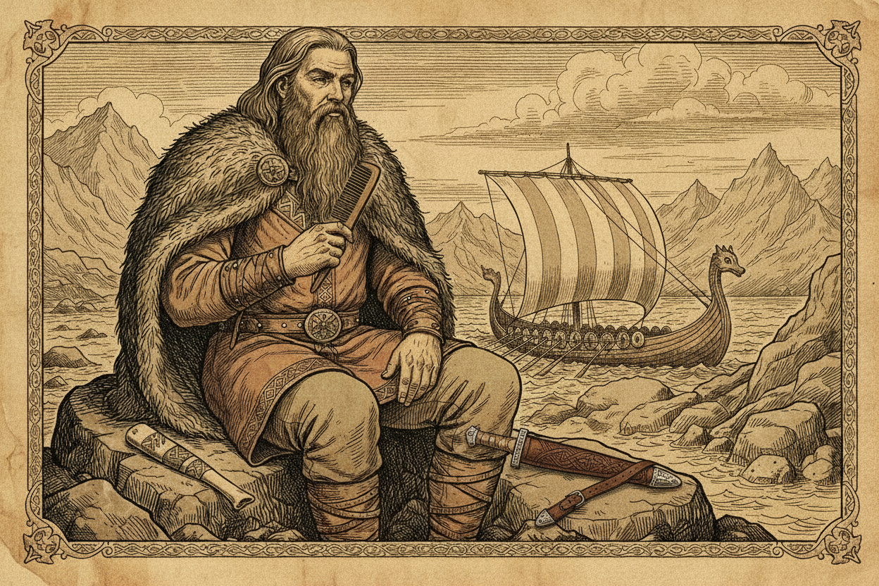 illustration of a viking man combing his beard while resting during an expedition