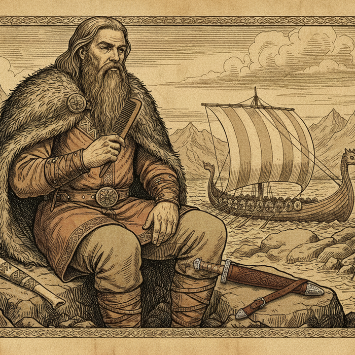 illustration of a viking man combing his beard while resting during an expedition