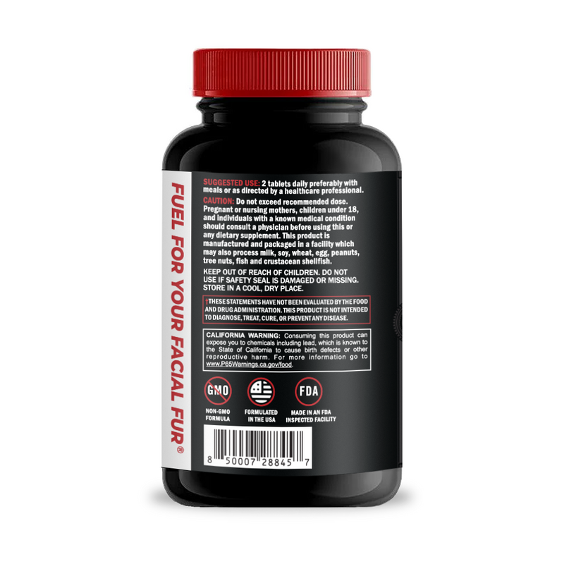 Black supplement bottle with red cap and label on a white background