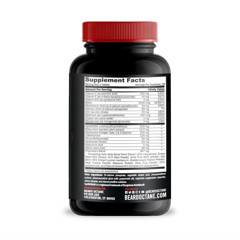 Supplement bottle with a red cap and label displaying supplement facts on a white background