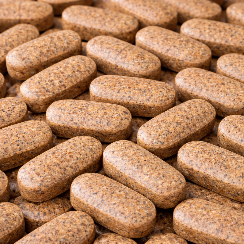 Close-up of brown pill tablets arranged in a pattern