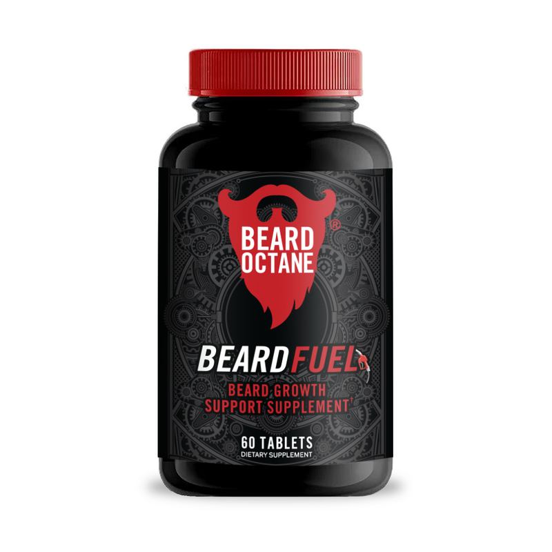 Beard growth supplement bottle labeled 'Beard Octane Beard Fuel' on a white background