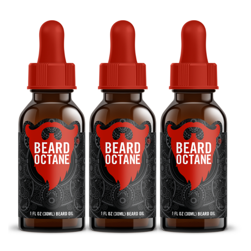 Three bottles of Beard Octane beard oil with red droppers on a white background