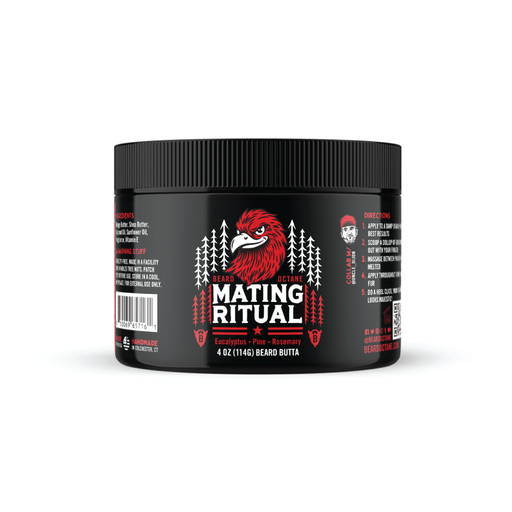 Black container of 'Mating Ritual' beard butter with a red and white label on a white background