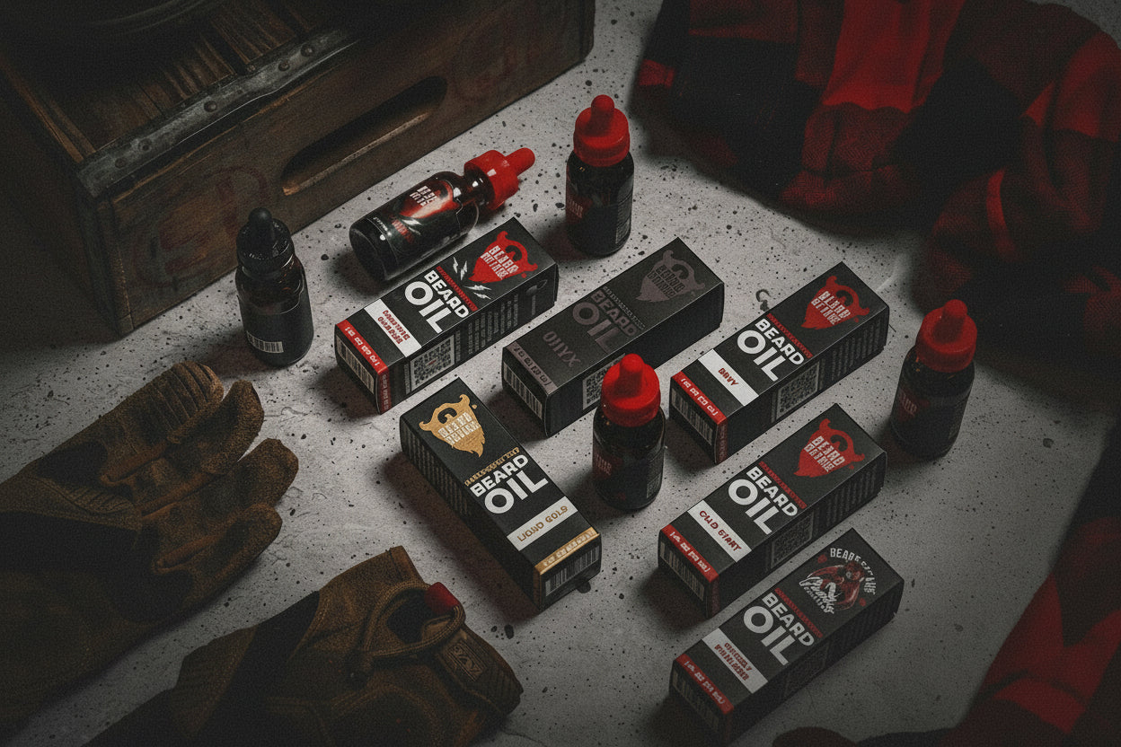 Collection of 'Beard Oil' products on a textured surface with gloves and a plaid shirt.