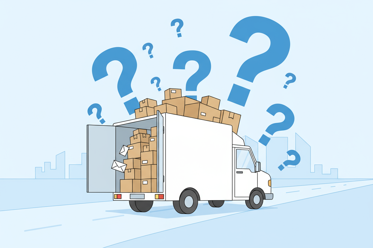 IMAGE OF QUESTION MARKS OVER A SHIPPING TRUCK WITH PACKAGES
